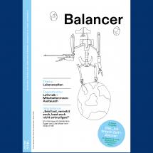 Das Cover der aktuellen *Balancer*-Ausgabe (Nr. 92, Januar 2025) zeigt eine von Barbara Plak gezeichnete schwarz-weiße Illustration mit dem Titel *„Planet der Aquadroiden“*. Das zentrale Motiv ist ein mechanisch anmutender Android, der über einer kugelförmigen Erde schwebt. Seine Gliedmaßen sind aus technischen Bauteilen zusammengesetzt, während sein Kopf an eine stilisierte Maske erinnert. Um ihn herum schweben kleine Planeten oder Monde. Der Titel *Balancer* steht in großen, schwarzen Buchstaben oben r